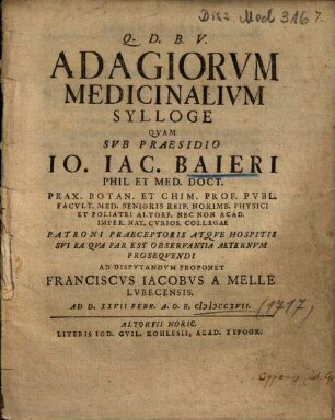 Adagiorvm Medicinalivm Sylloge