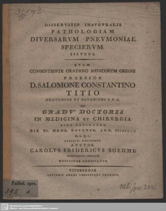 Dissertatio Inauguralis Pathologiam Diversarum Pneumoniae Specierum Sistens