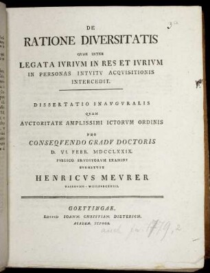 De Ratione Diversitatis Quae Inter Legata Iurium In Res Et Iurium In Personas Intuitu Acquisitionis Intercedit : Dissertatio Inauguralis