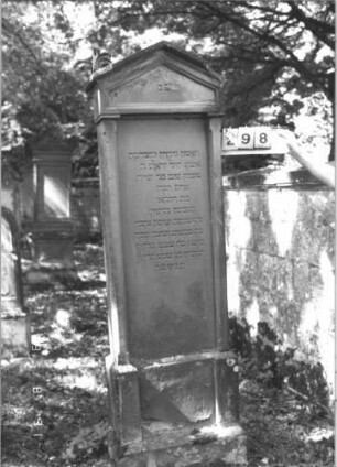 Grabstein 298 (Index: 99609935) Material: Sandstein Zustand: verwittert, angeschlagen Maße HxBxT: 213x69x27 cm Beschreibung: Stele, Giebel mit Verdachung, Seitenakrotere, Schriftfeld rechteckig eingetieft, von Halbpfeilern begrenzt, getreppter Sockel Symbolik: forale Seitenakrotere: Grabstein 298