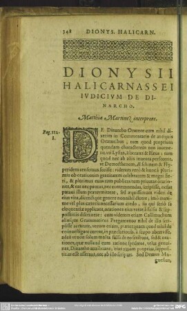 Dionysii Halicarnassei Judicium De Dinarcho