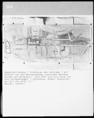 Wuppertal-Barmen, Stadtplan des Zentrums mit Entwurf für Rathausneubau (zwischen Werther Straße und Neumarkt)