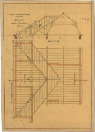 Billing, Hermann; Rastatt, Kapellenstr. 20; Mädchenschule, Umbau - Werksatz Abortanbau (Schnitt, Aufsicht)