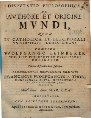 Disp. philos. de authore et origine mundi