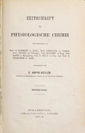 Zeitschrift für physiologische Chemie. 2, 2. 1878/79