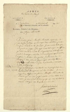 Brief von Jean-Baptiste Kléber an Miscault