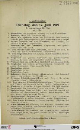 I. Auktionstag: Dienstag, den 17. Juni 1919 (Nr. 1-472)