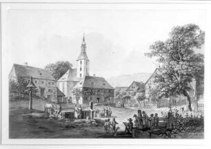 Hohnstein, Marktplatz : Zingg, Adrian (Hersteller): Hohnstein, Marktplatz. Sepia; 211 x 319 mm. 23. Juli 1784. Dresden: Kupferstich-Kabinett C 1926-50 in C, 2 (D XVIII, Zingg II)
