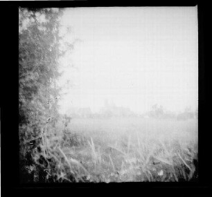 Messines (=Mesen, Belgien): Ortssilhouette, im Vordergrund ein Feld (Distanzaufnahme) ("Blick auf Messines")