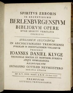 2: Spiritus Erroris In Recentissimo Berlenburgensium Bibliorum Opere Duce Spiritu Veritatis Cognitus. 2