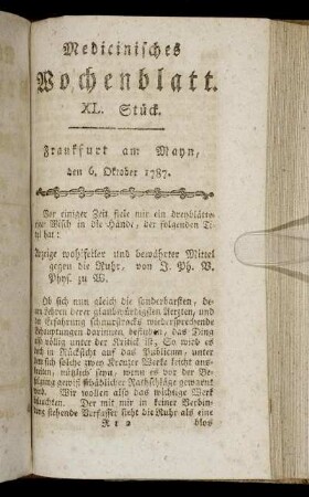 XL. Stück. Frankfurt am Mayn, den 6. October 1787. - XLIII. Stück. Frankfurt am Mayn, den 27. October 1787.
