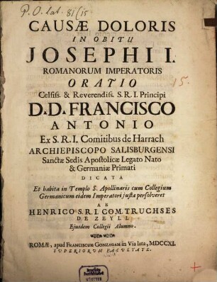 Causae doloris in obitu Josephi I. Rom. Imp. oratio