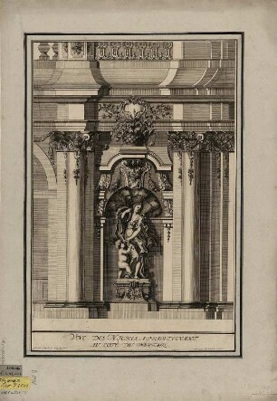 Skulpturennische am Kronentor, Hofseite links, mit der Statue der Ceres im Zwinger in Dresden, Kupferstich, 1721 : Une Des Niches Appartenant Au Coté Du Portail / Inventées et designées par M. D. Pöppelmann. Gravée par J. G. Schmidt. - Dresde , [1721]. - 1 Aufriss : Kupferstich ; 28 x 40 cm