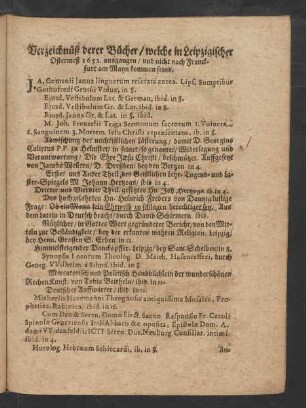 Verzeichnüß derer Bücher/ welche in Leipzigischer Ostermeß 1652. ausgangen/ ...