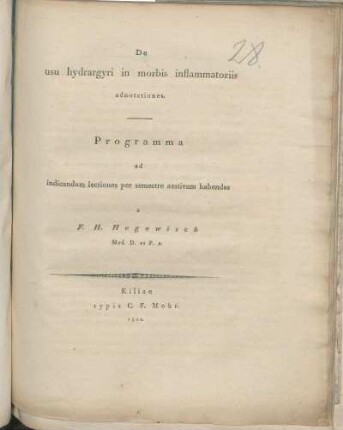 De usu hydrargyri in morbis inflammatoriis adnotationes : Programma ad indicandum lectiones per semestre aestivum habendas