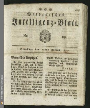 No. 29. Dienstag, den 18ten Julius 1809