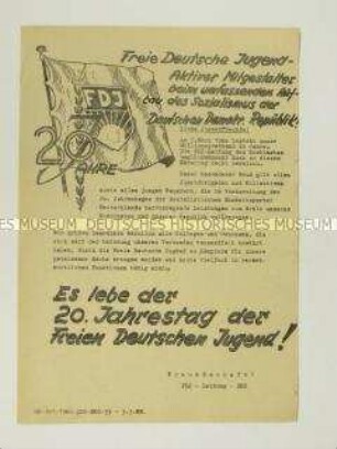 Hektografiertes Propagandaflugblatt der FDJ zum 20ten Jahrestag der Freien Deutschen Jugend