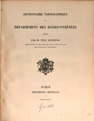 Dictionnaire topographique du département des Basses-Pyrénées