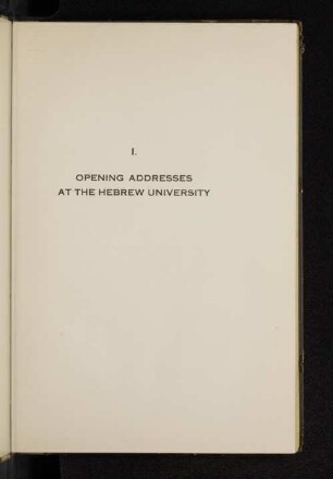 I. Opening Addresses at the Hebrew University