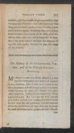 The History of the Soroowful Visier, and of the Princess Zelica Begume