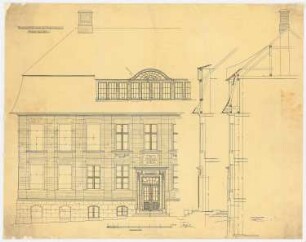 Direktionsgebäude der Vereinigten Chemischen Fabriken, Staßfurt-Leopoldshall: Vorderansicht, Fassadenschnitte, 1:25