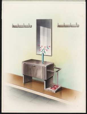 Garderobe. Schränkchen mit Schirmhalter, Spiegel, zwei Hakenleisten, Deko