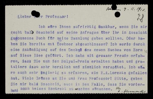 Nr. 28: Postkarte von Otto Blumenthal an David Hilbert, Aachen, 9.11.1910
