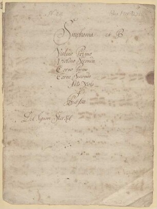 Symphonies, orch, StWV deest, B-Dur - BSB Mus.ms. 12364 : [b, title page:] Synphonia Ex B // a // Violino Primo // Violino Secondo // Corno Primo // Corno Secondo // Alto Viola // e // Basso // Del Signore Sterkel