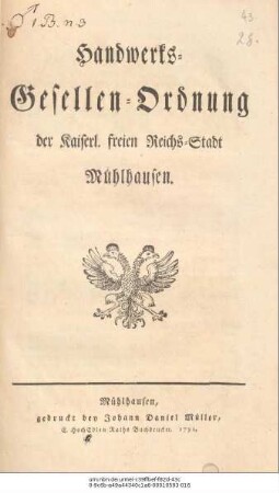 Handwerks-Gesellen-Ordnung der Kaiserl. freien Reichs-Stadt Mühlhausen.