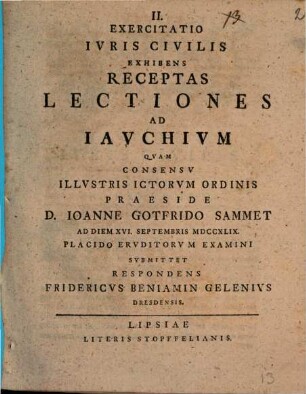 II. Exercitatio iuris civilis exhibens receptas lectiones ad Iauchium