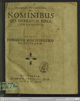 Discursus philologicus, de nominibus dei Hebraicis biblicis & rabbinicis