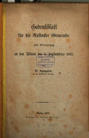 Gedenkblatt für die Rostocker Gemeinde : Zur Erinnerung an den Abend des 8. Septembers 1862. Von M. Baumgarten