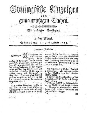 41stes Stück. Sonnabend, den 9ten October 1773.