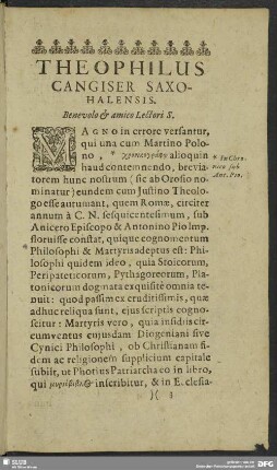 Theophilus Cangiser Saxo-Halensis. Benevolo & amico Lectori S.
