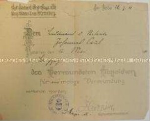 Besitzzeugnis für das Verwundeten-Abzeichen für den Leutnant d. R. Johannes Paul, mit Begleitschreiben; 26. Juli 1918 / 10.Aug. 1918