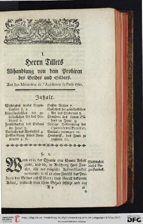 I. Herrn Tillets Abhandlung von dem Probiren des Goldes und Silbers