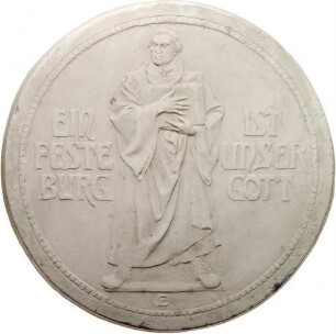 Abgelehnter Entwurf (Gipsmodell) für die Vorderseite des 3-Mark-Stückes auf das 400. Reformationsjubiläum