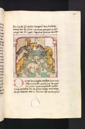 Der Löwe hält Gericht über Dimna, Dimna wird in Ketten vorgeführt; (Kapite III: Vom Gerichtsverfahren gegen Dimna).