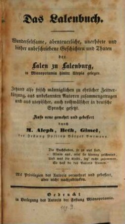 Das Lalenbuch : Wunderseltsame abenteuerliche, unerhörte und bisher unbeschriebene Geschichten und Thaten der Lalen zu Lalenburg in Misnopotanien hinter Utopia gelegen ; [mit 60 Bildern]