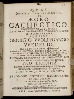 Dissertatio Inauguralis Medica De Aegro Cachectico
