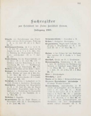 Sachregister zum Gesetzblatt der Freien Hansestadt Bremen. Jahrgang 1901
