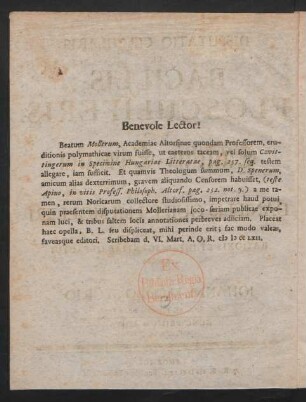 Benevole Lector!