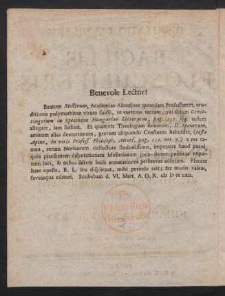 Benevole Lector!