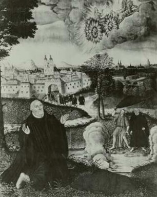Martin Luther. Szenen aus seinem Leben, u.a. Luther und der Kurfürst von Sachsen vor dem Stadttor von Wittenberg, bez. HL 1580