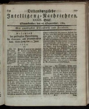 XXXIX. Stück. Sonnabends: den 25. September, 1784.