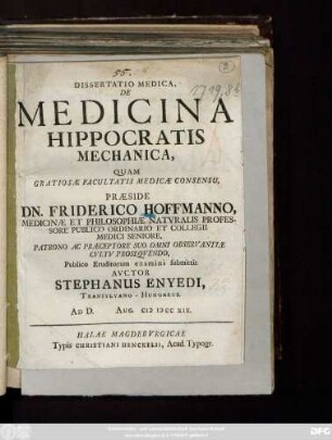 Dissertatio Medica, De Medicina Hippocratis Mechanica