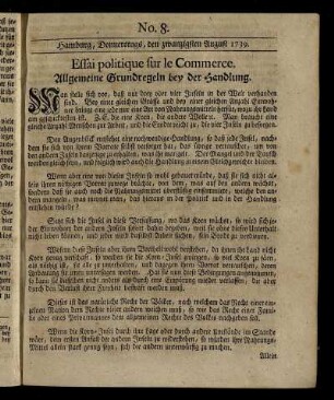 No. 8. Hamburg, Donnerstags, den zwanzigsten August 1739.