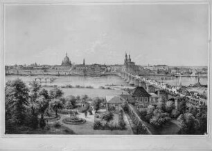 Dresden-Altstadt, von der Großen Klostergasse 6 in Neustadt aus gesehen (von der Synagoge bis zum Hotel Bellevue, vorn der Quandtsche Garten : Dresden, Elbbrücke, Litho