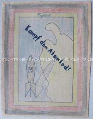 Kinderzeichnung (Buntstift) mit einem Friedensmotiv (aufgeklebt)