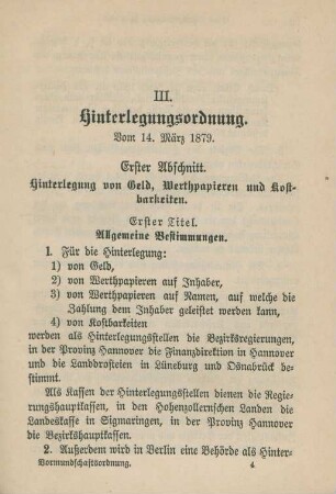 III. Hinterlegungsordnung. Vom 14. März 1879.